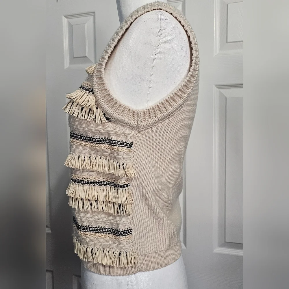 Tory Burch Women's Jacquard Cream Fringe Wool Preppy Clueless Sweater Vest Sz S